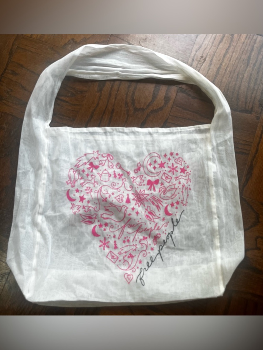 Free People White Gauzy Tote with Pink Heart Graphic 16x21 in